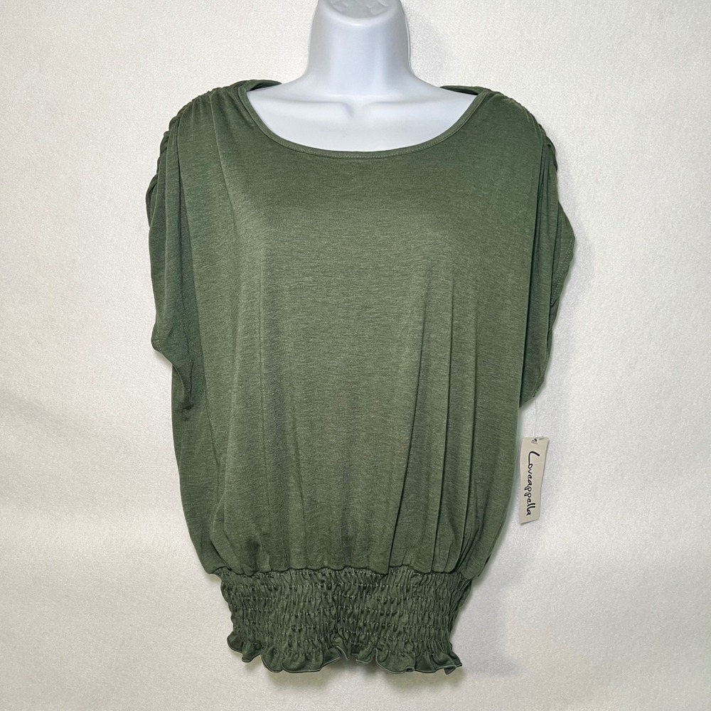 New Loveappella Olive Green Boho Cottage Smocked Waist Knit Scoop Neck Top XL